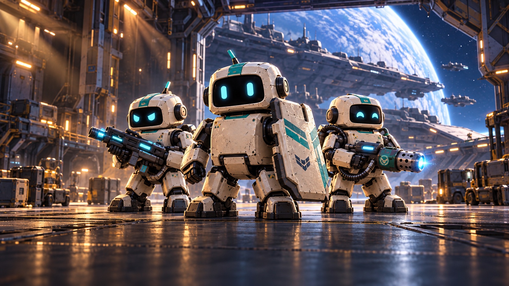 Three combat robots in an orbital station hangar