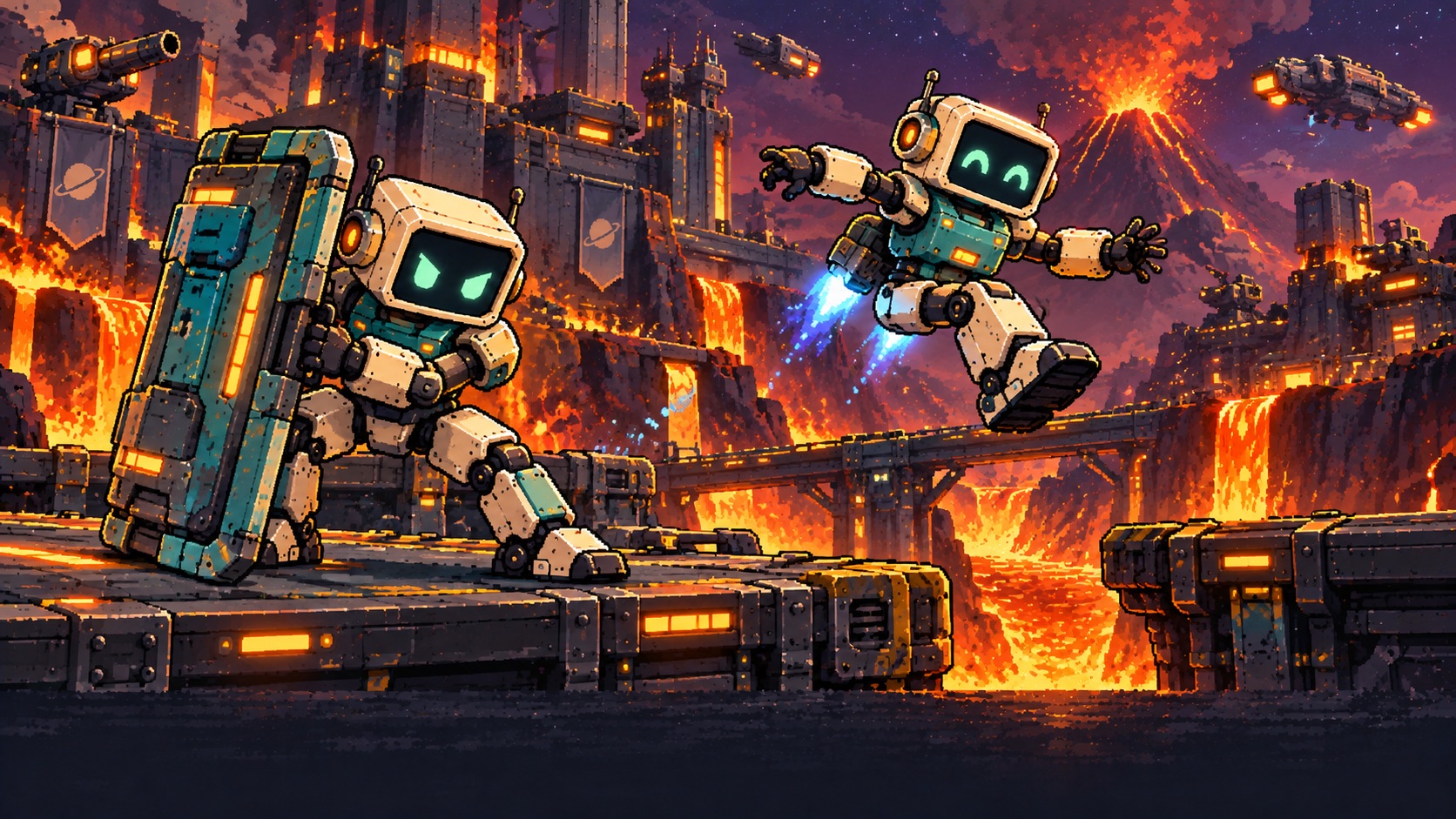 A lava arena with industrial platforms