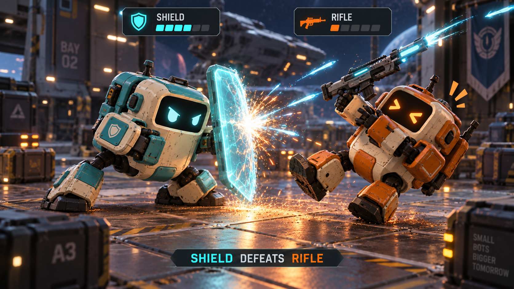 A shield deflects a laser attack and defeats the laser